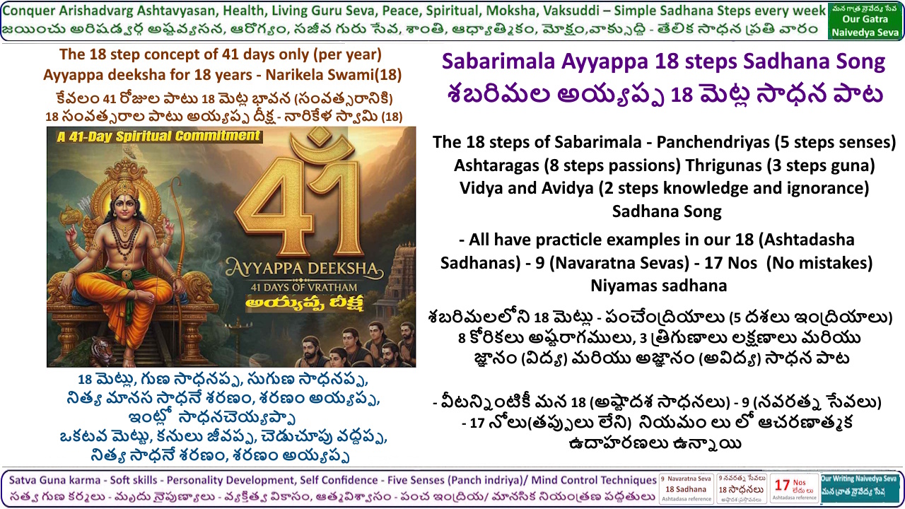 అయ్యప్ప 18 మెట్లు - 5 పంచేంద్రియాలు 8 అష్టరాగములు 3 త్రిగుణాలు విద్య అవిద్య సాధన పాట